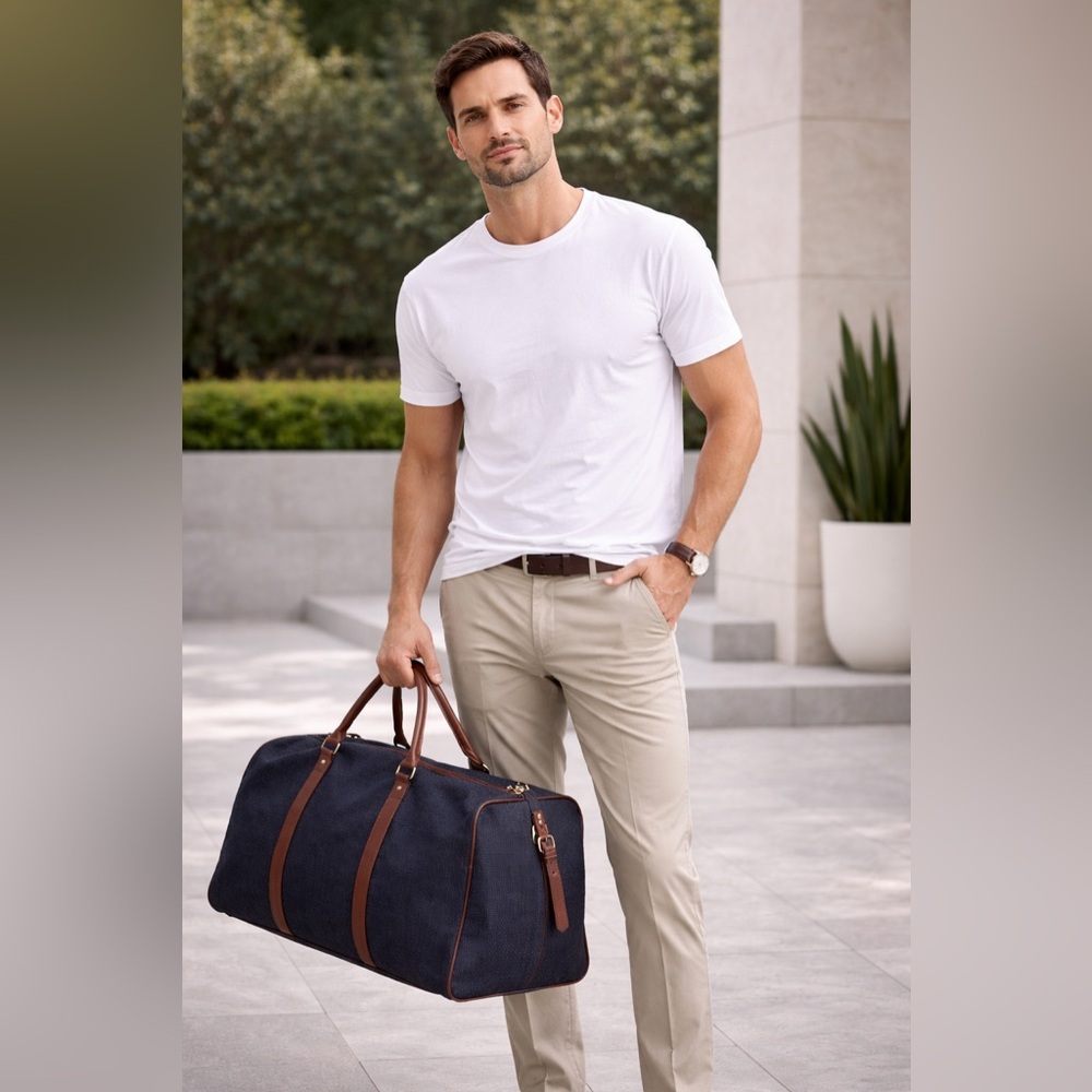 Stylish Navy and Brown Men's  canvas duffel Bag